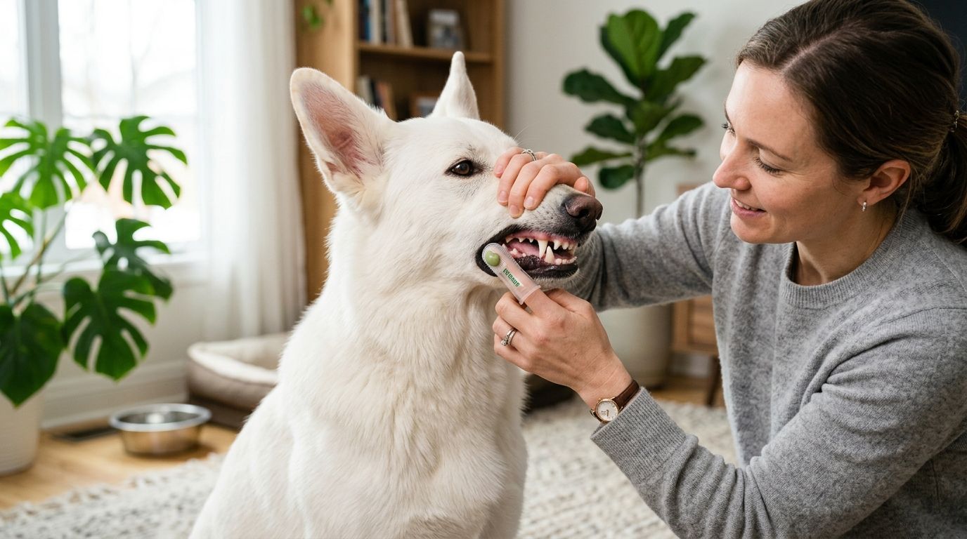 Owner gently brushing an adult white German Shepherd's teeth using a silicone finger brush