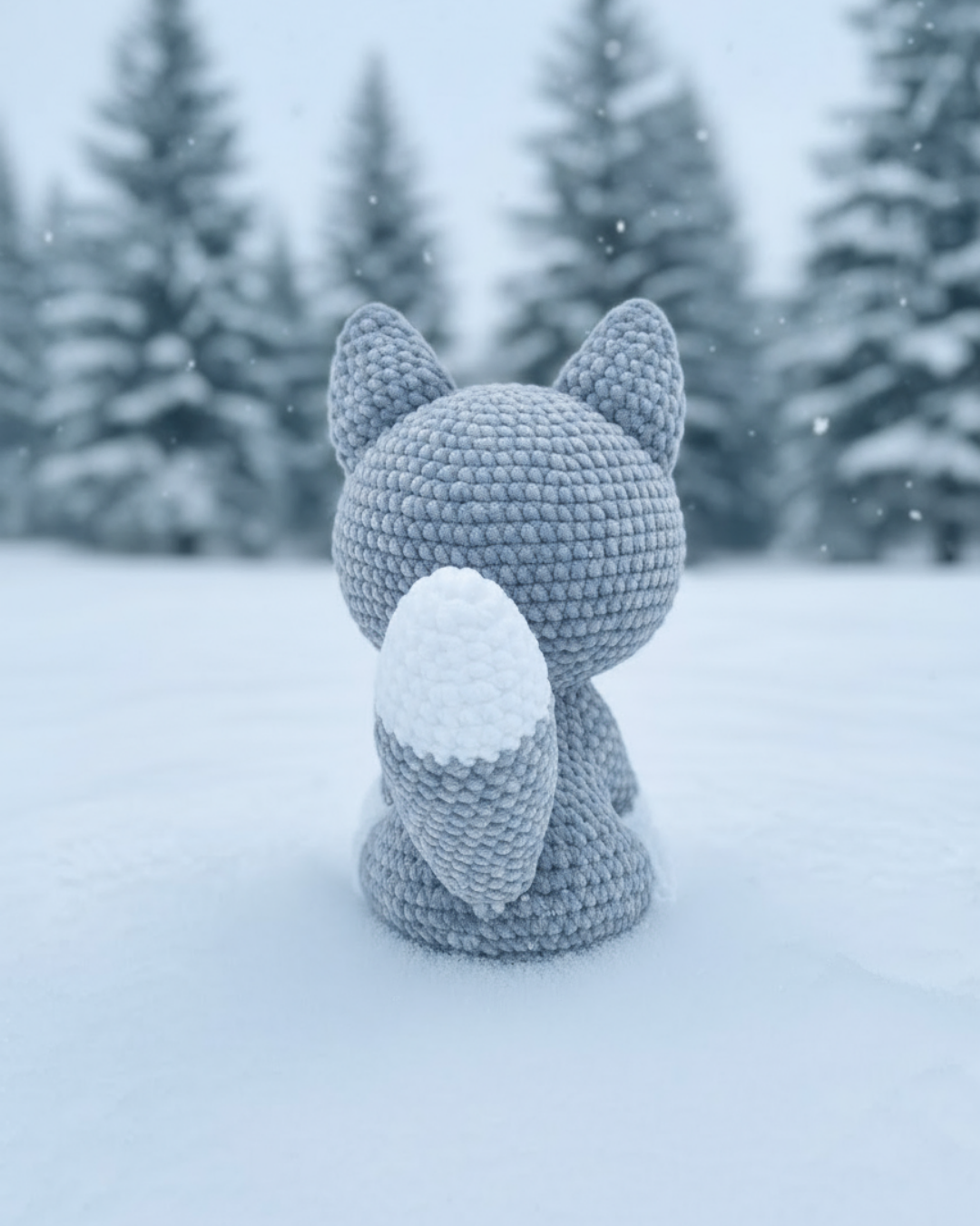 Husky crochet pattern amigurumi showing the back view with detailed stitching, ears, and tail in a snowy landscape