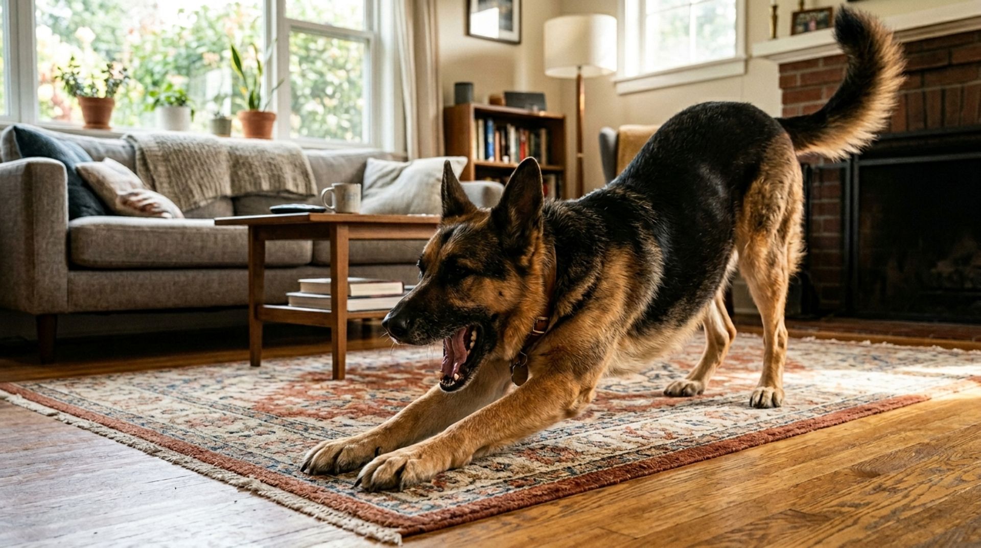 German Shepherd stretching its front legs in a deep bow while groaning