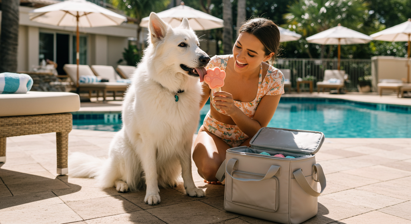 a woman in a bathing suit is kneeling next to a white dog eating an ice cream cone