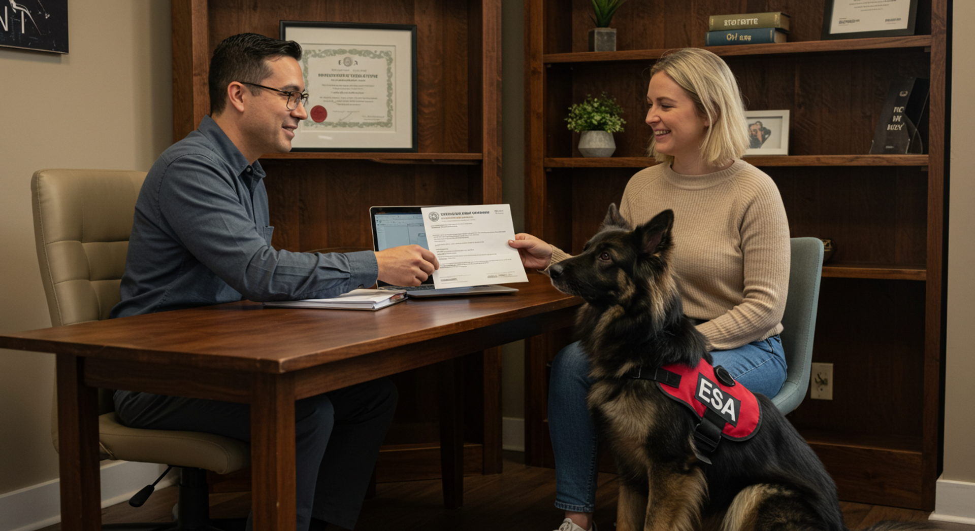 a woman sits at a desk with a man and a dog wearing a esa vest