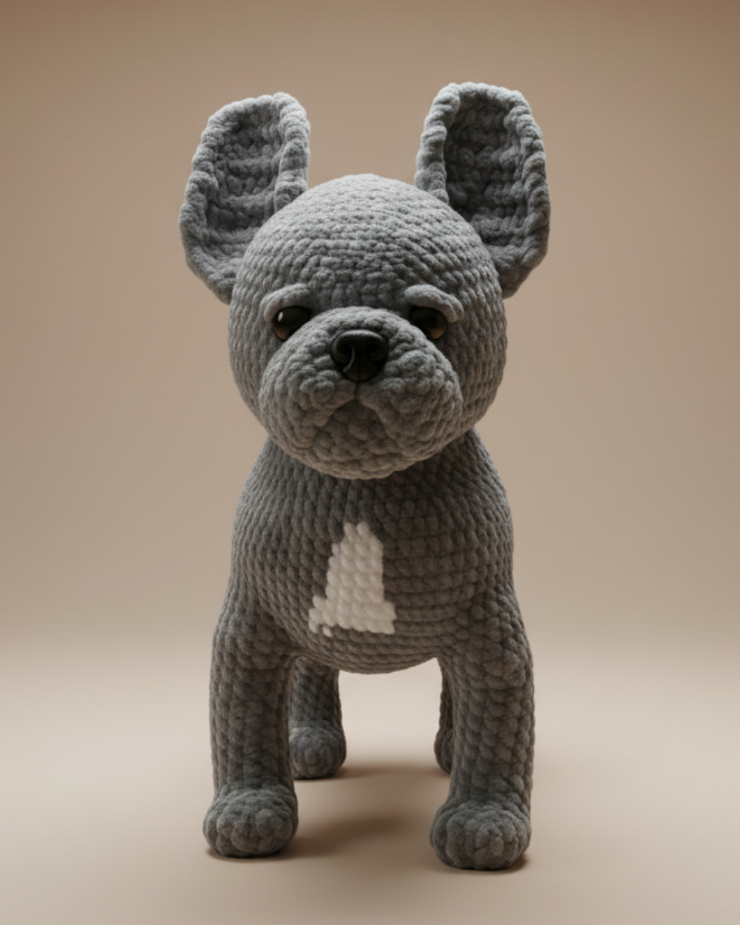 Bulldog crochet pattern amigurumi showing the front view with detailed stitching and realistic design