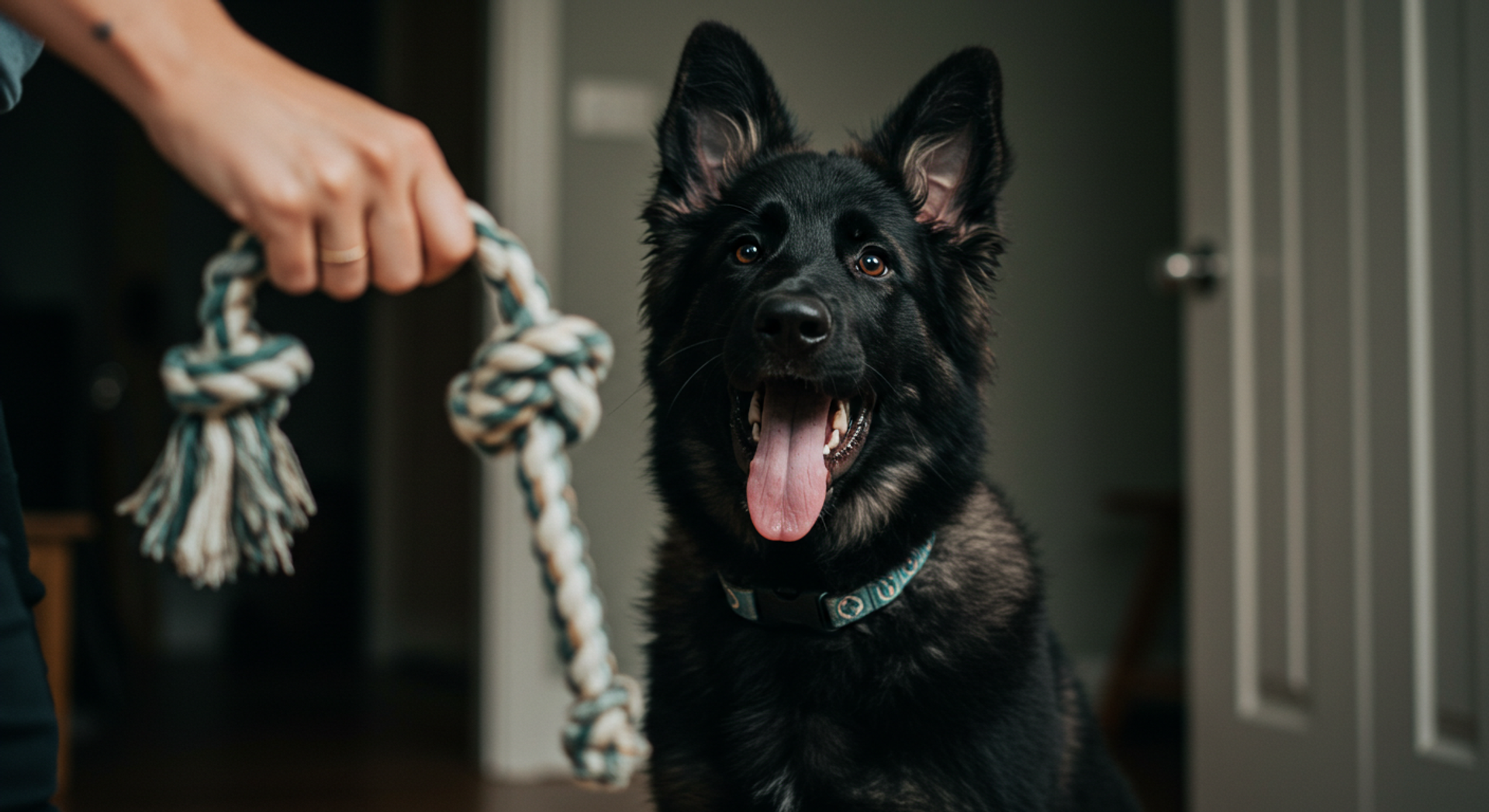 a person is holding a rope toy in front of a black dog