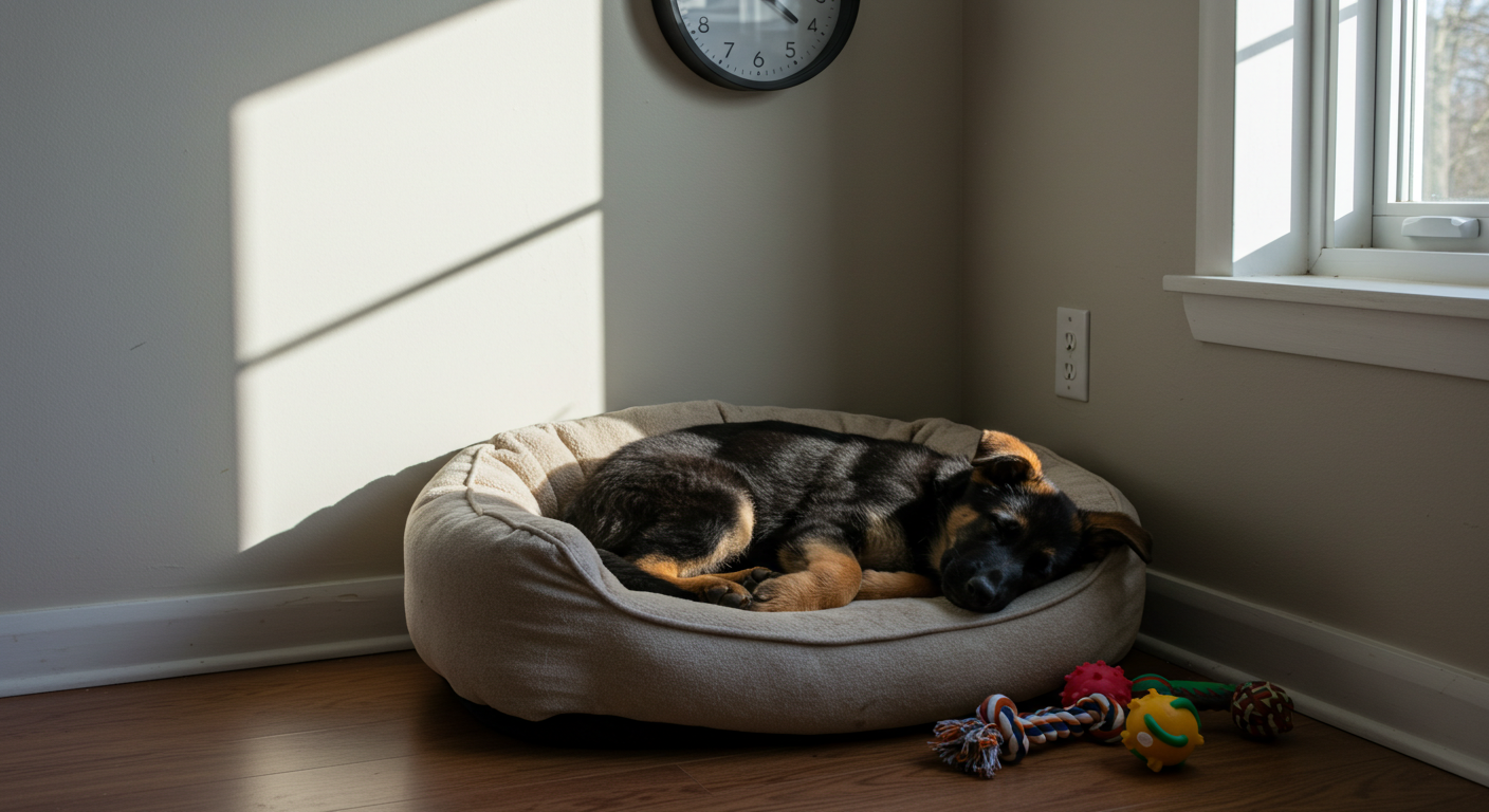 a dog is sleeping in a dog bed in front of a window