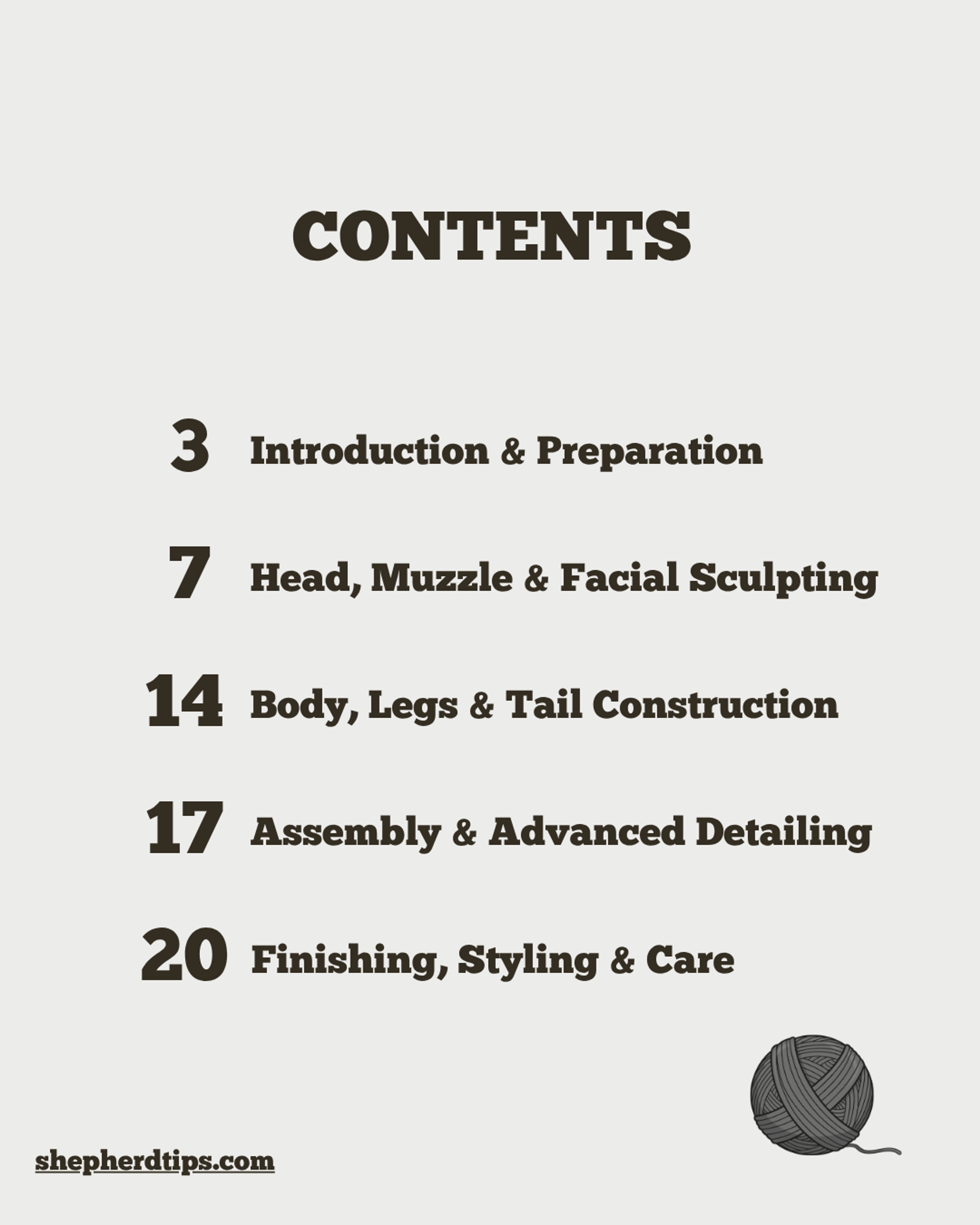 Bulldog crochet pattern PDF showing table of contents with sections on introduction, head sculpting, body construction, assembly, and finishing