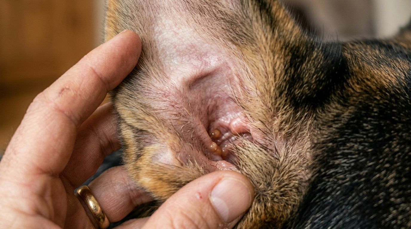 Close-up of an owner inspecting the inner ear of a traditional black and tan German Shepherd for signs of ear infection