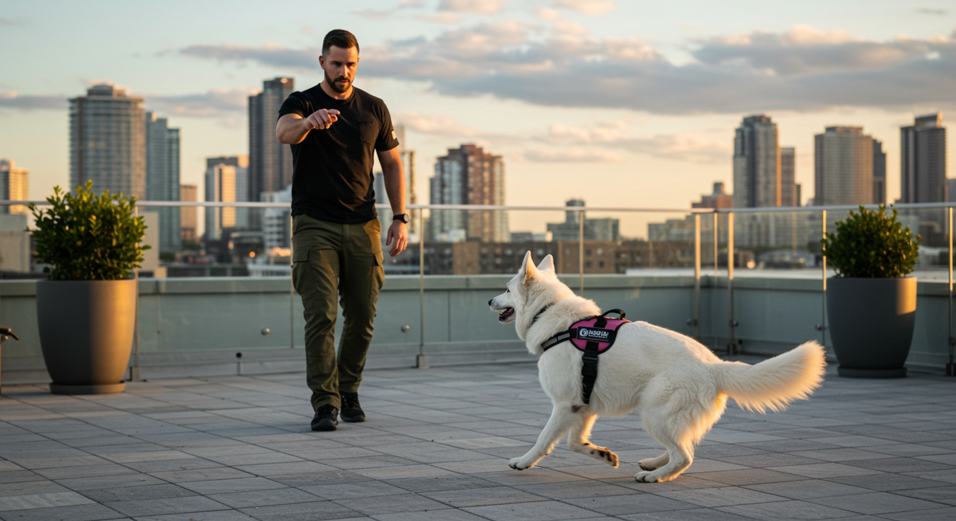 a man walking a dog with a harness that says ' agility ' on it