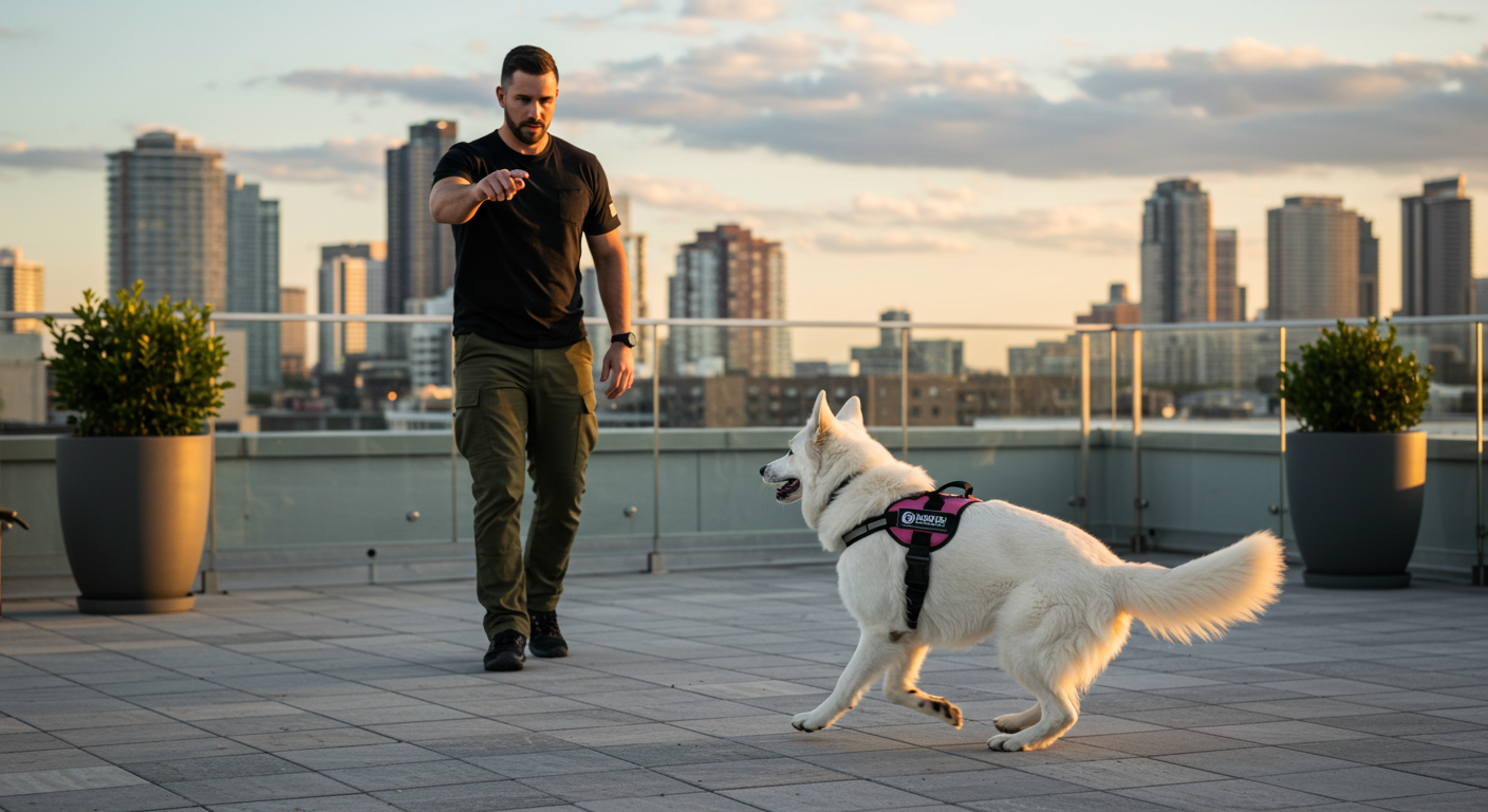 a man walking a dog with a harness that says ' agility ' on it