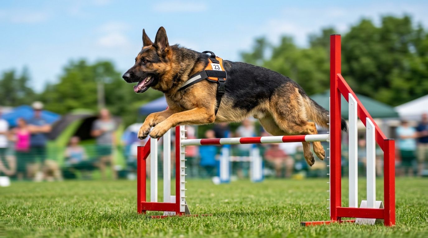 Athletic German Shepherd jumping over an agility hurdle to burn off energy