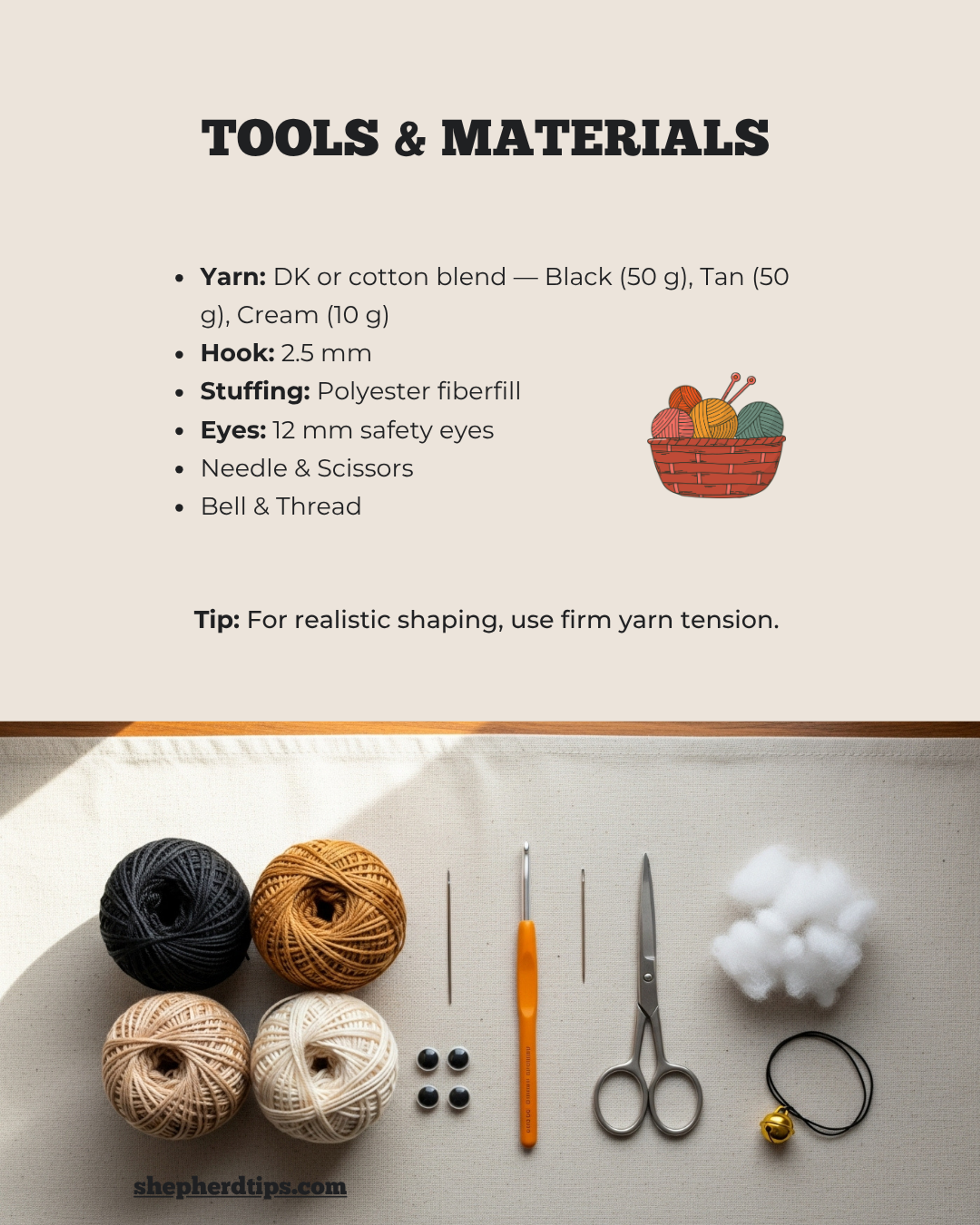 Crochet German Shepherd pattern PDF showing tools and materials list with yarn, hook, stuffing, safety eyes, needle, scissors, bell, and thread