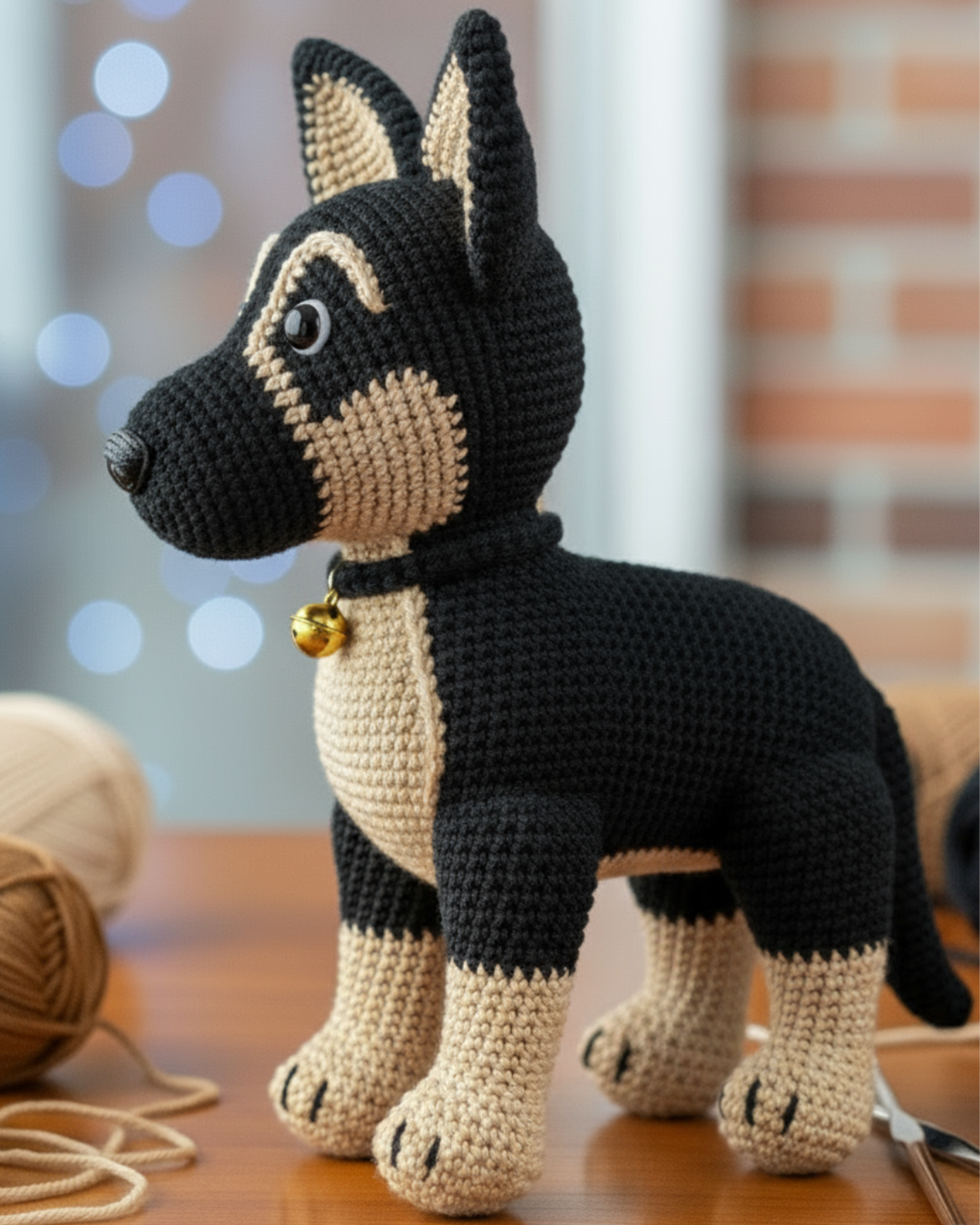 Crochet German Shepherd amigurumi showing front view with detailed stitching, realistic design, and yarn materials in the background