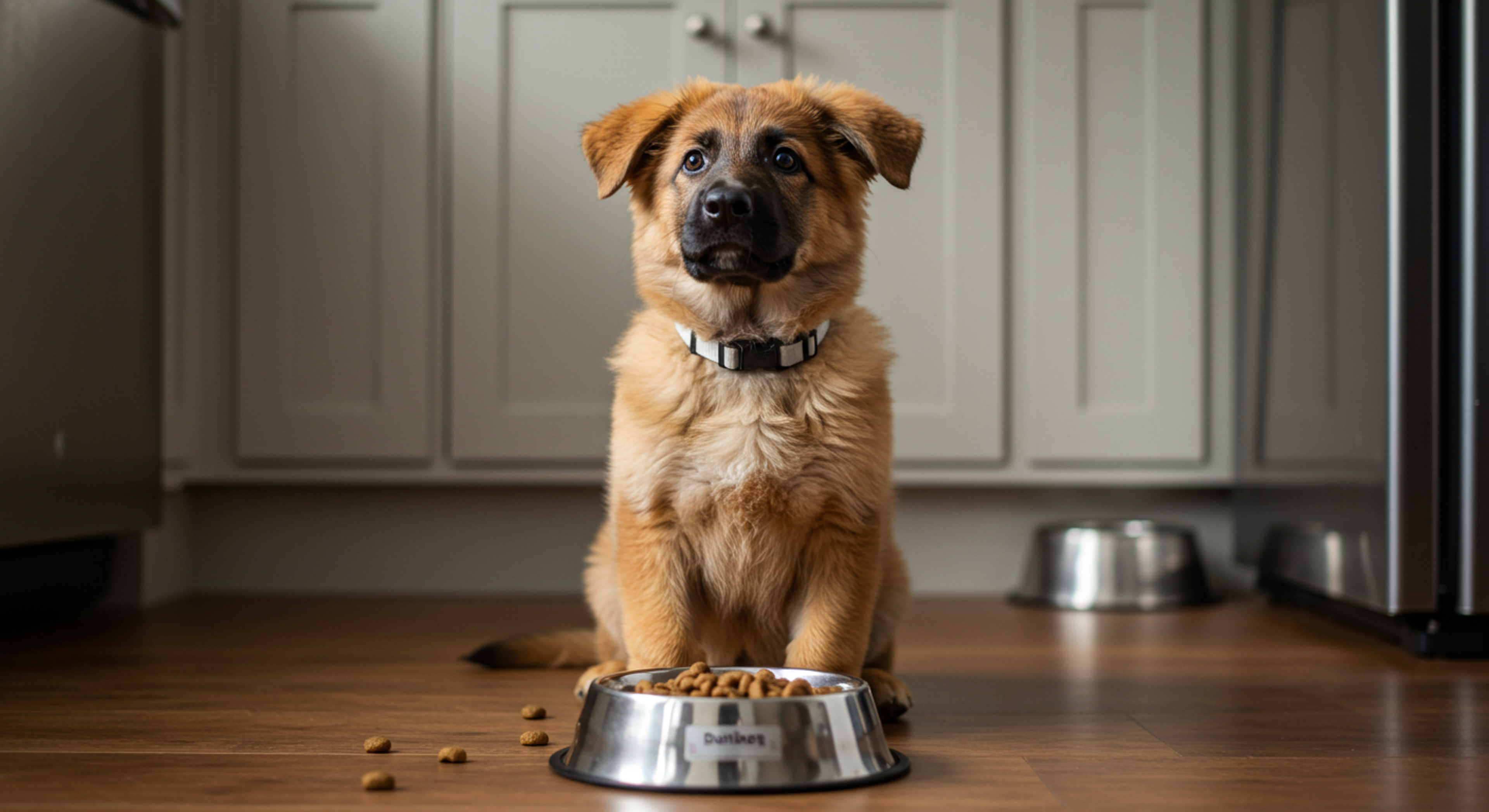 a puppy sitting next to a bowl of dog food