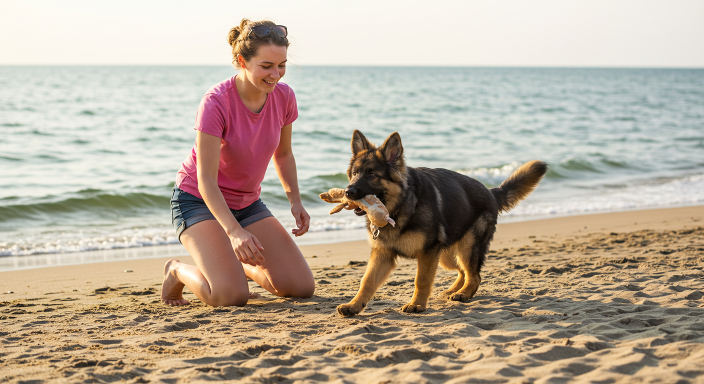 a woman plays with her dog on the beach