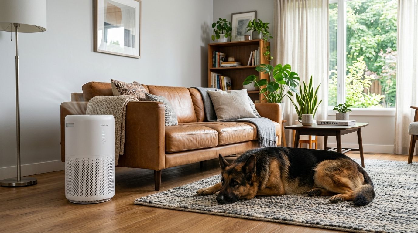 A modern HEPA air purifier running in a living room next to a traditional black and tan German Shepherd to combat dander