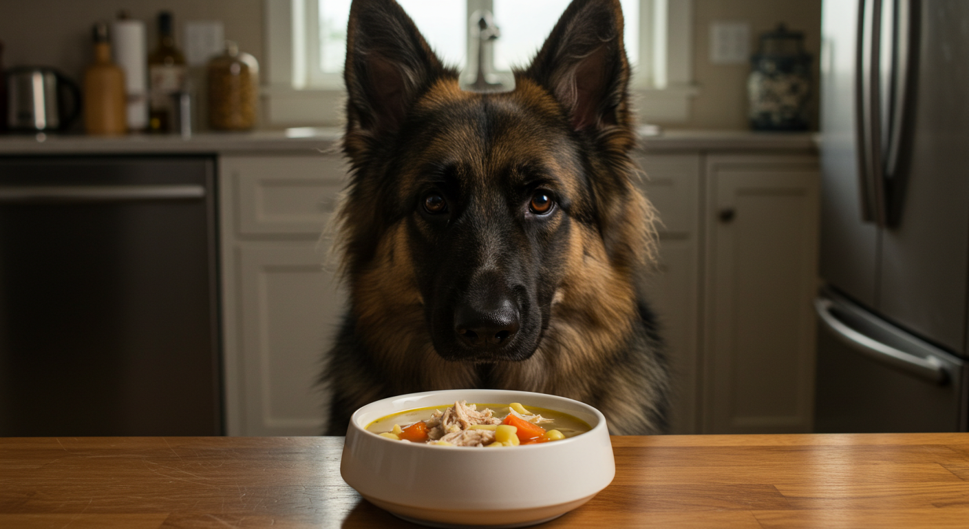 a german shepherd looking at a bowl of soup