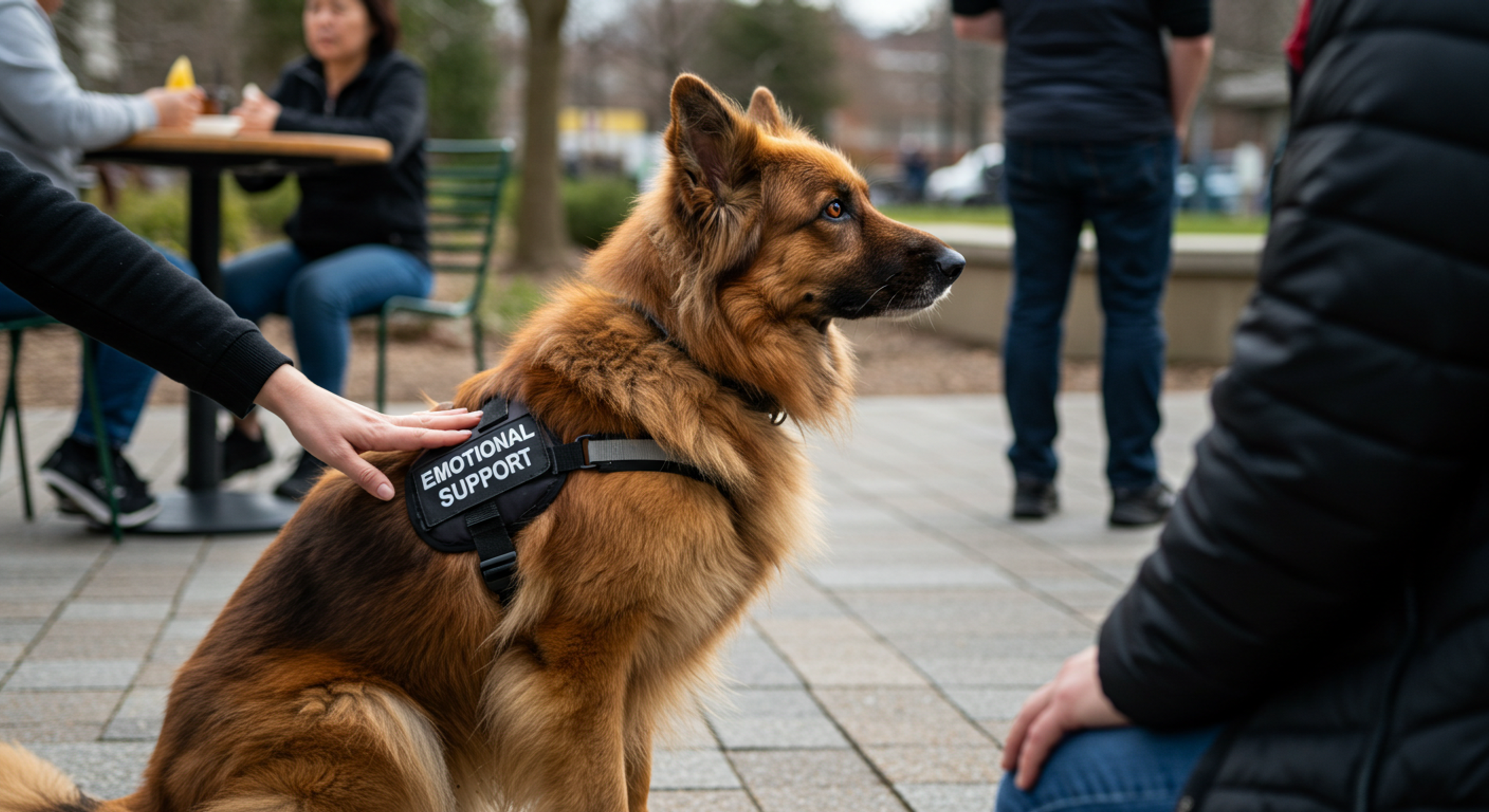 a german shepherd wearing an emotional support harness