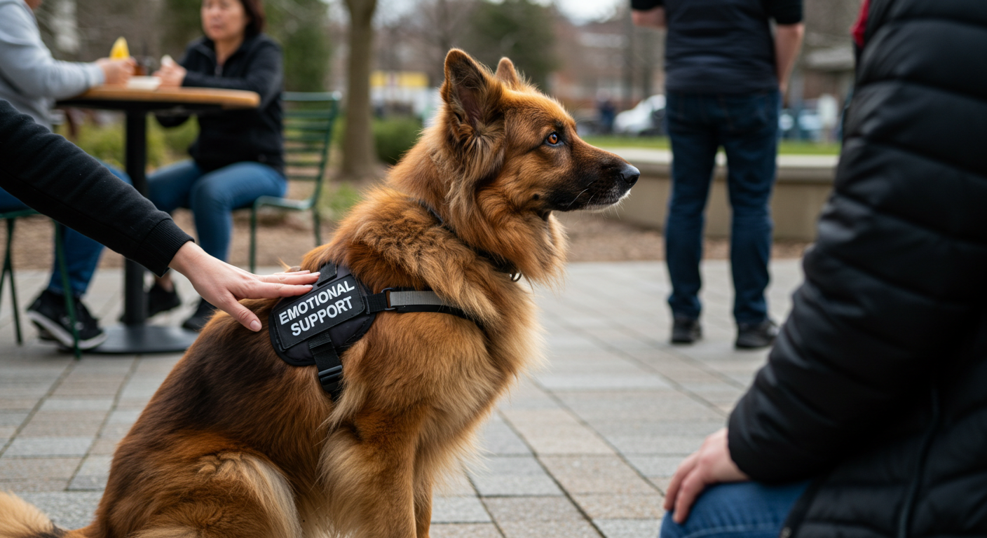 a german shepherd wearing an emotional support harness