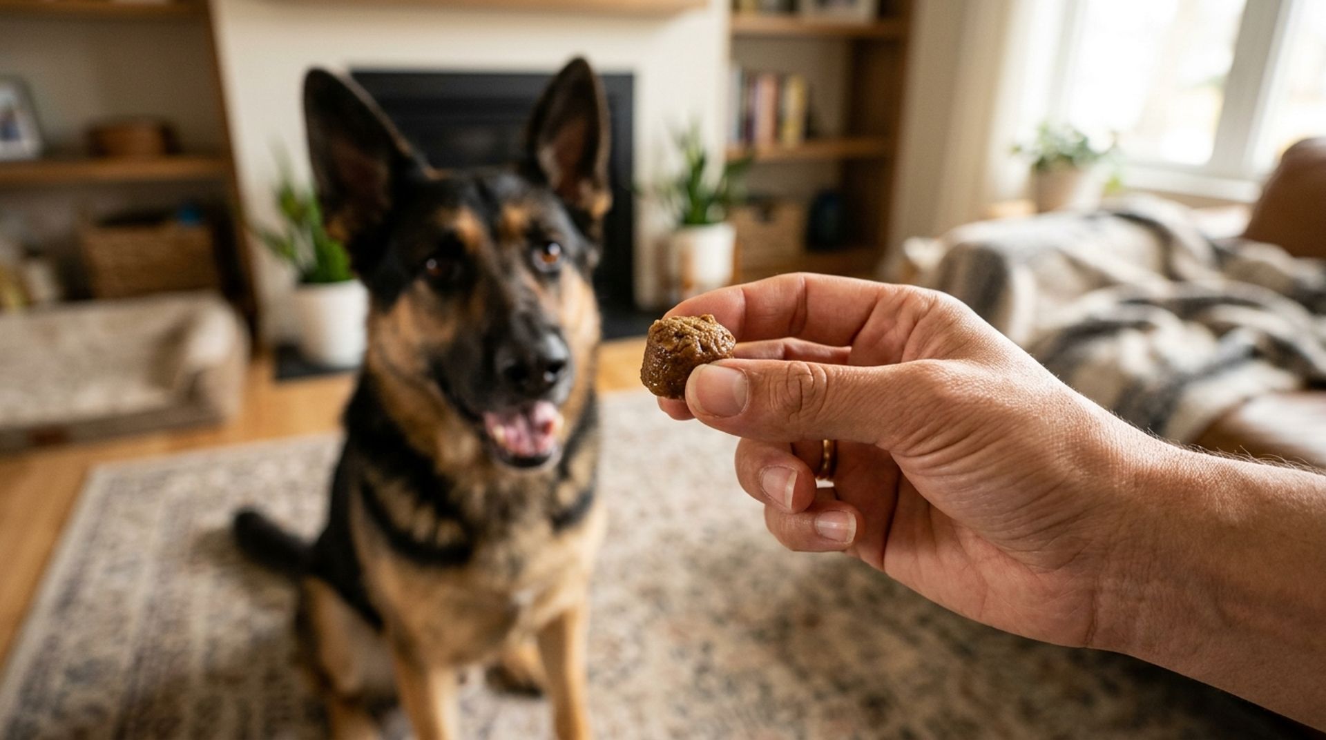 Owner giving a joint supplement chew to an eager German Shepherd