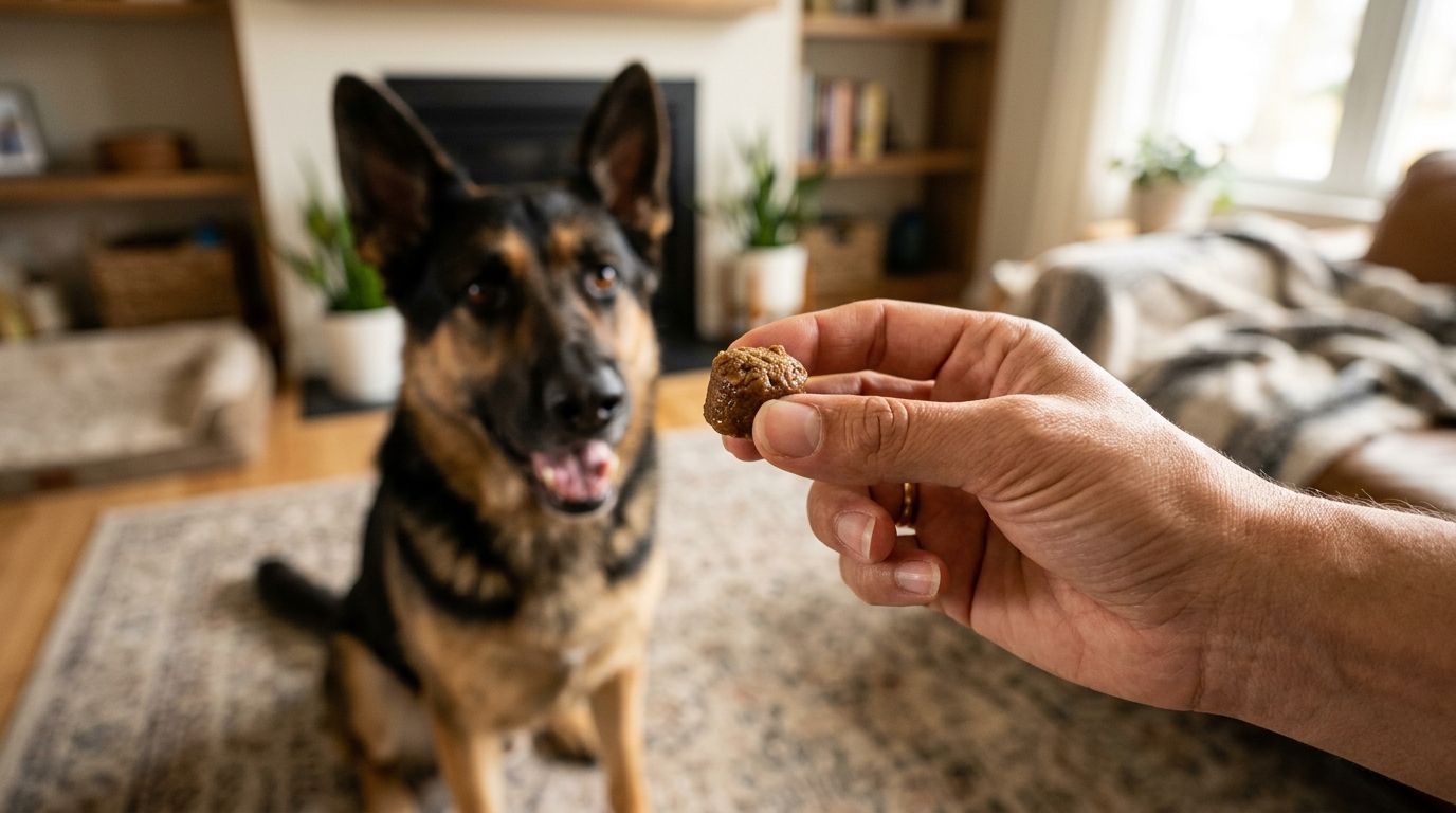 Owner giving a joint supplement chew to an eager German Shepherd