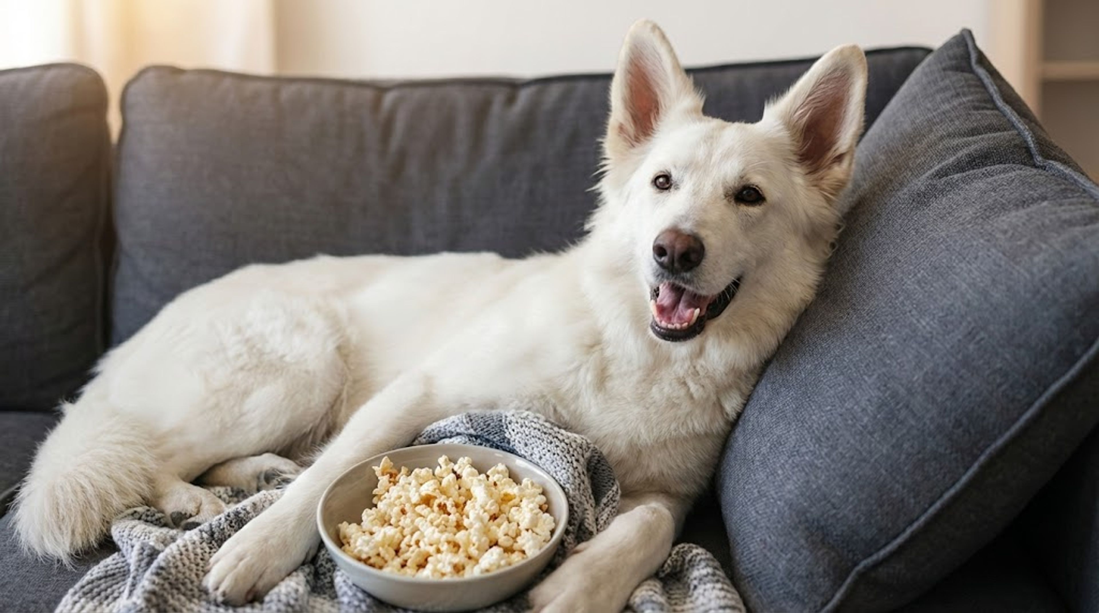 German Shepherd watching a movie wondering can dogs eat popcorn