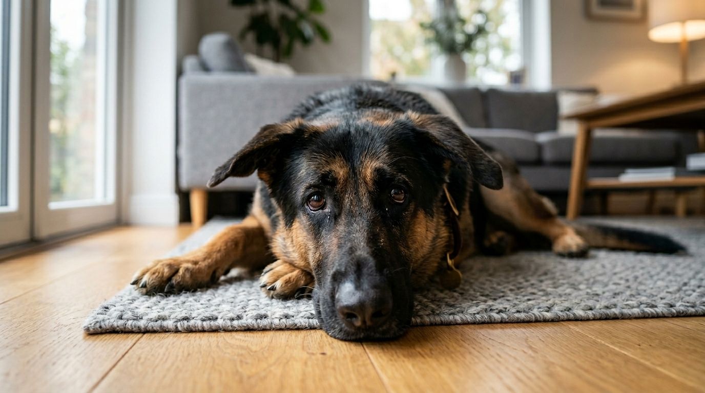 Beautiful German Shepherd looking dramatic with exaggerated sad puppy eyes while lying on the floor