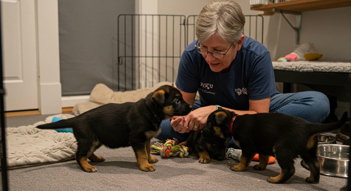 a woman wearing a blue shirt is petting two puppies
