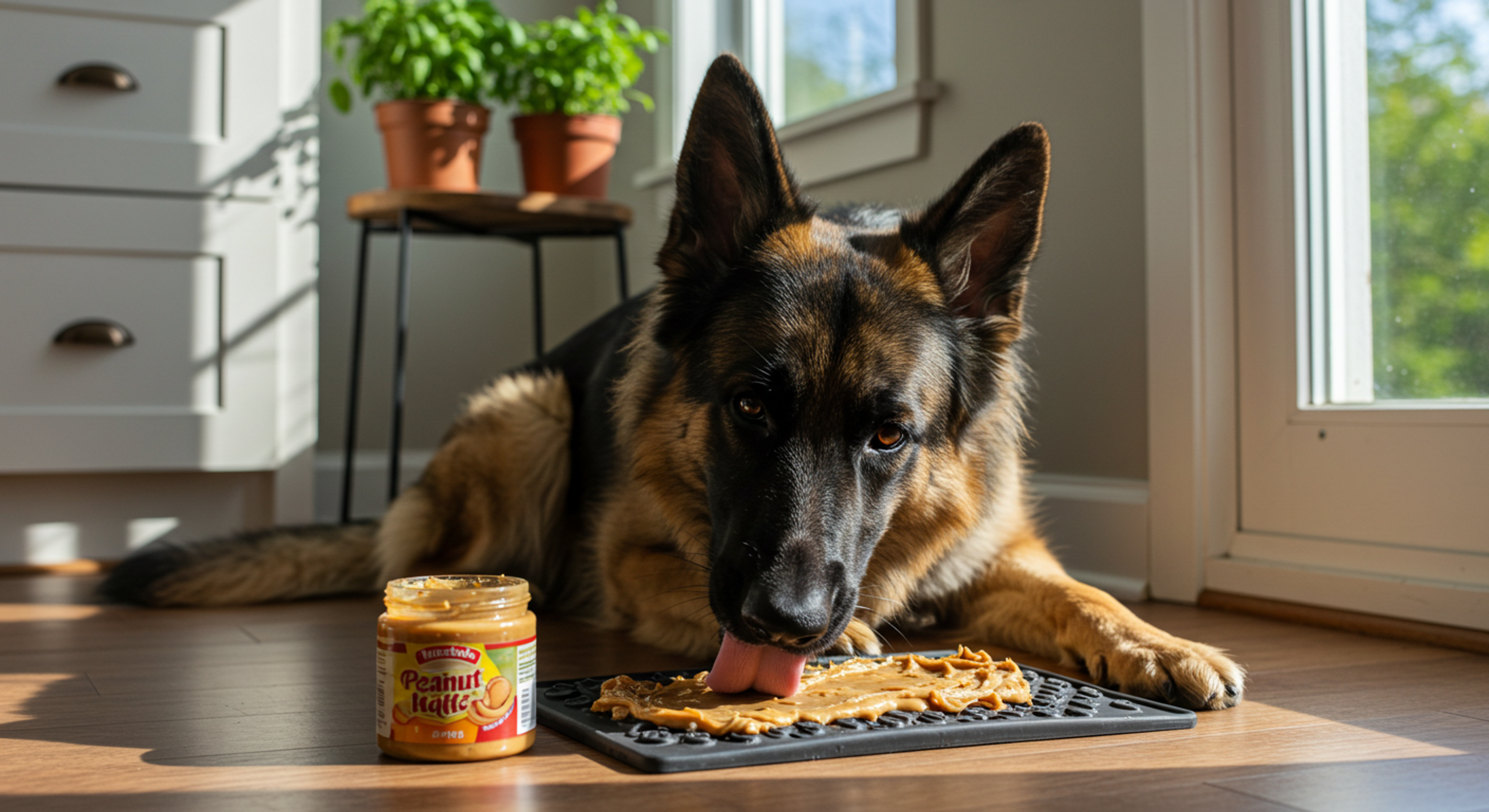 a german shepherd chews on a waffle next to a jar of peanut butter