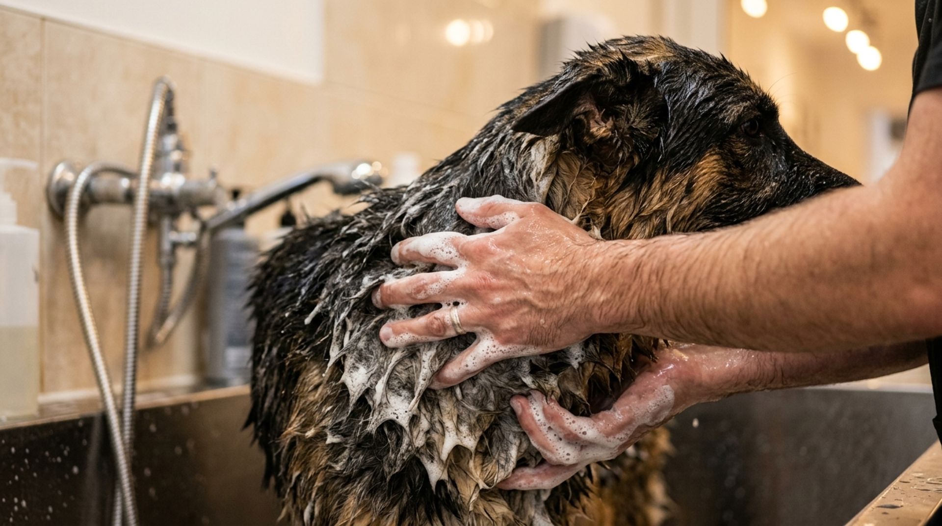 Thick lather of dog shampoo being massaged into a German Shepherd's undercoat