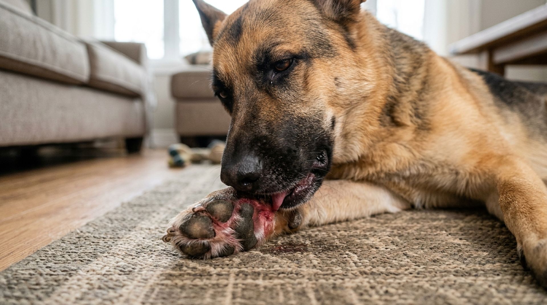 German Shepherd licking and chewing a red, irritated paw due to skin allergies