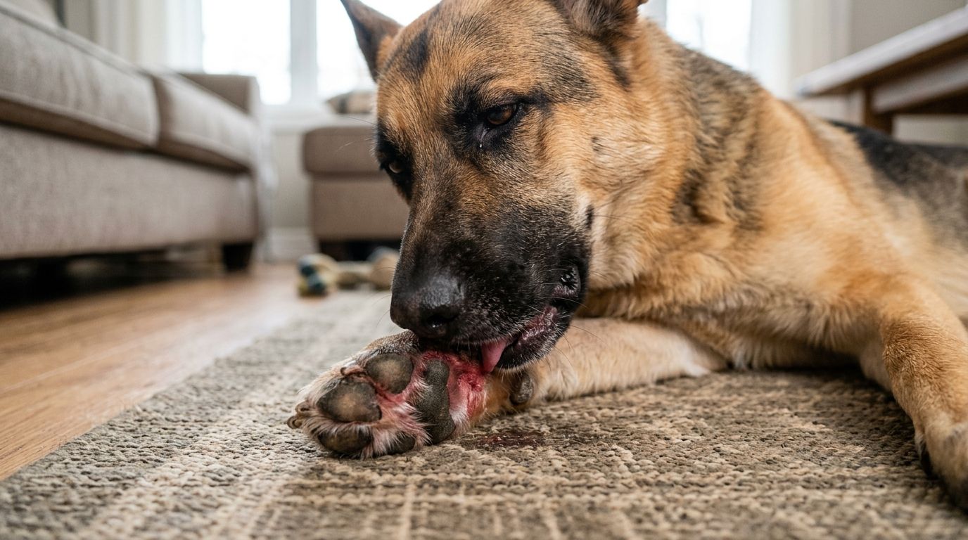 German Shepherd licking and chewing a red, irritated paw due to skin allergies