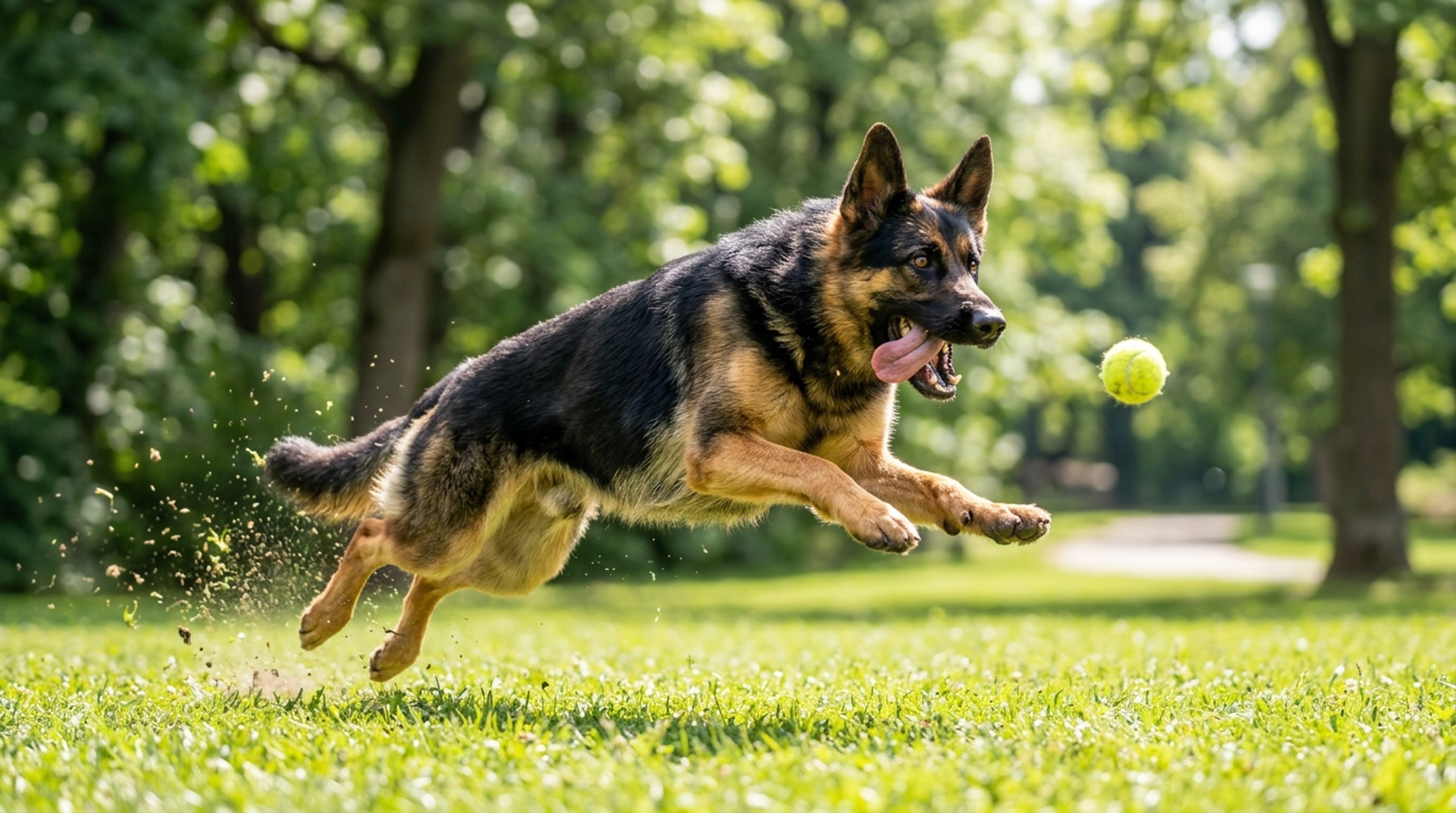 Hyperactive young German Shepherd leaping enthusiastically to catch a ball outdoors