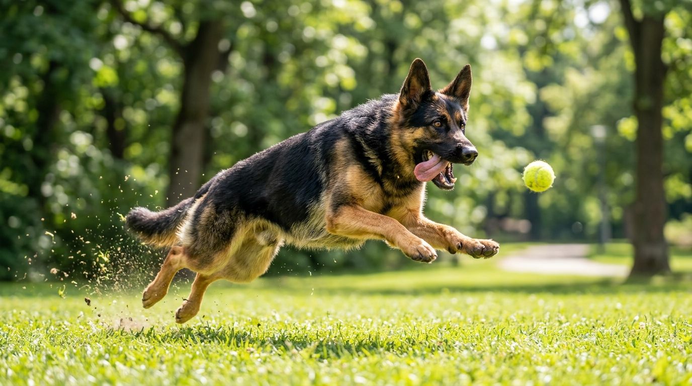 Hyperactive young German Shepherd leaping enthusiastically to catch a ball outdoors