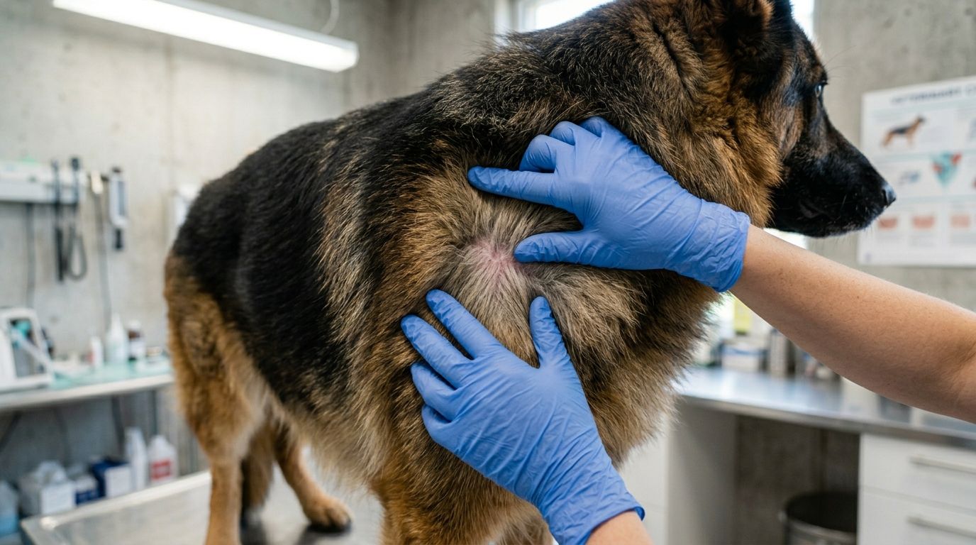 Veterinarian parting the fur of a German Shepherd to examine its skin for allergies