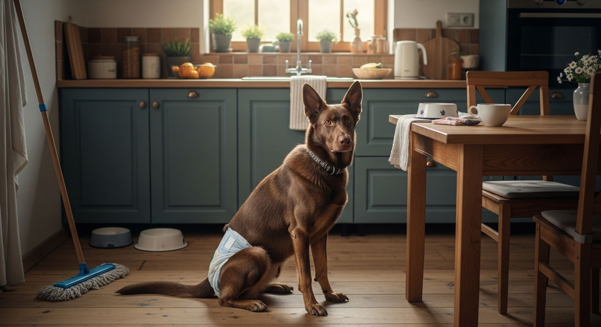Brown German Shepherd wearing a diaper in a kitchen.