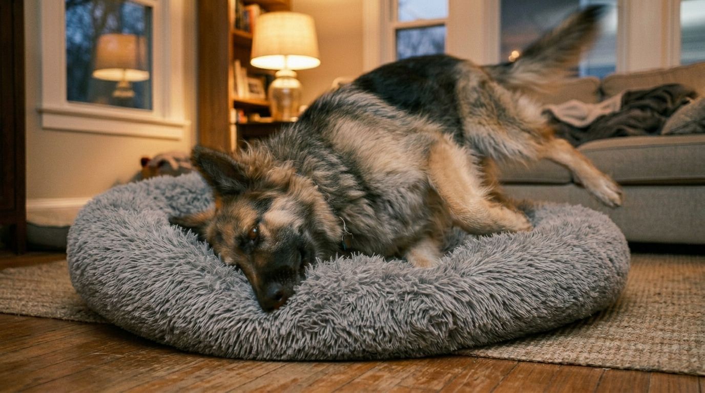 German Shepherd collapsing heavily into its dog bed with a deep sigh