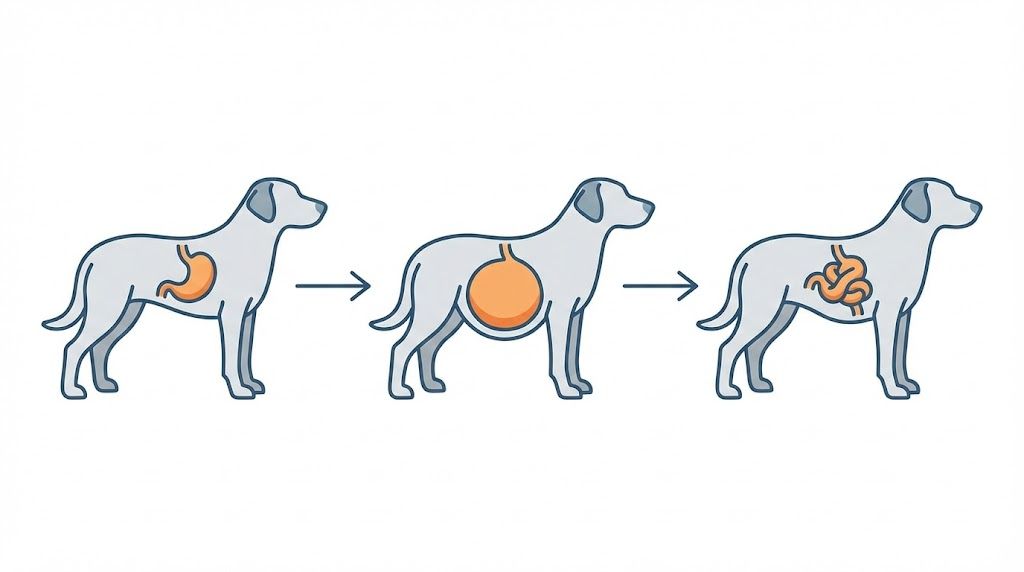 Infographic showing the dog bloat timeline and stomach expansion