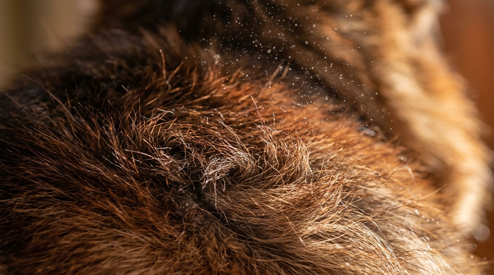 Macro hyper-realistic shot of a liver-colored German Shepherd's thick double coat actively shedding hair and dander