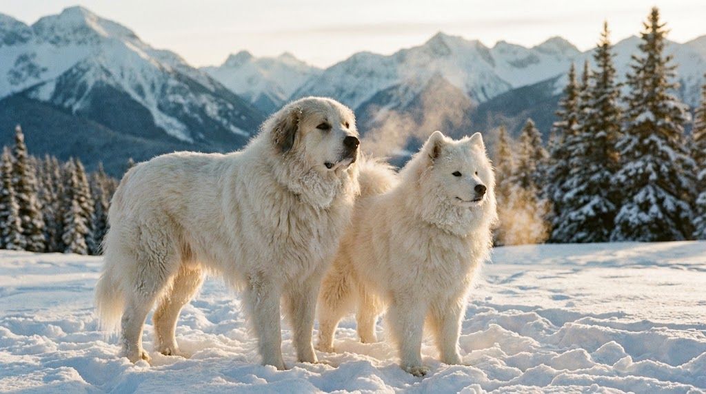 Large white fluffy dog breeds: Great Pyrenees and Samoyed in snow