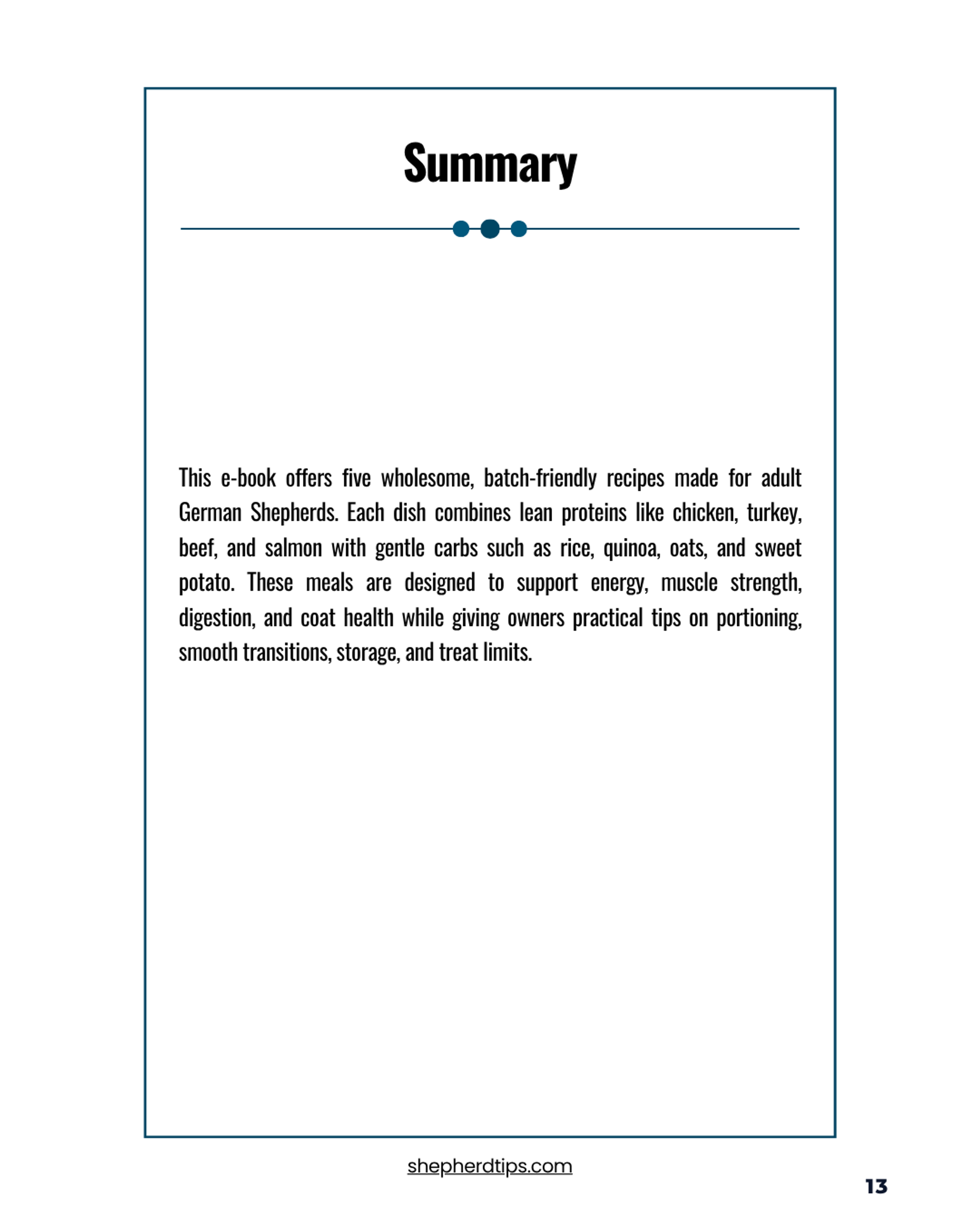 5 Easy German Shepherd Recipes ebook summary page detailing wholesome, batch-friendly recipes for dogs.