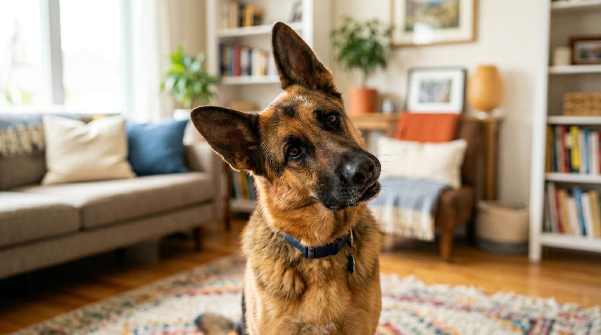 German Shepherd tilting its head trying to understand a squeaky toy