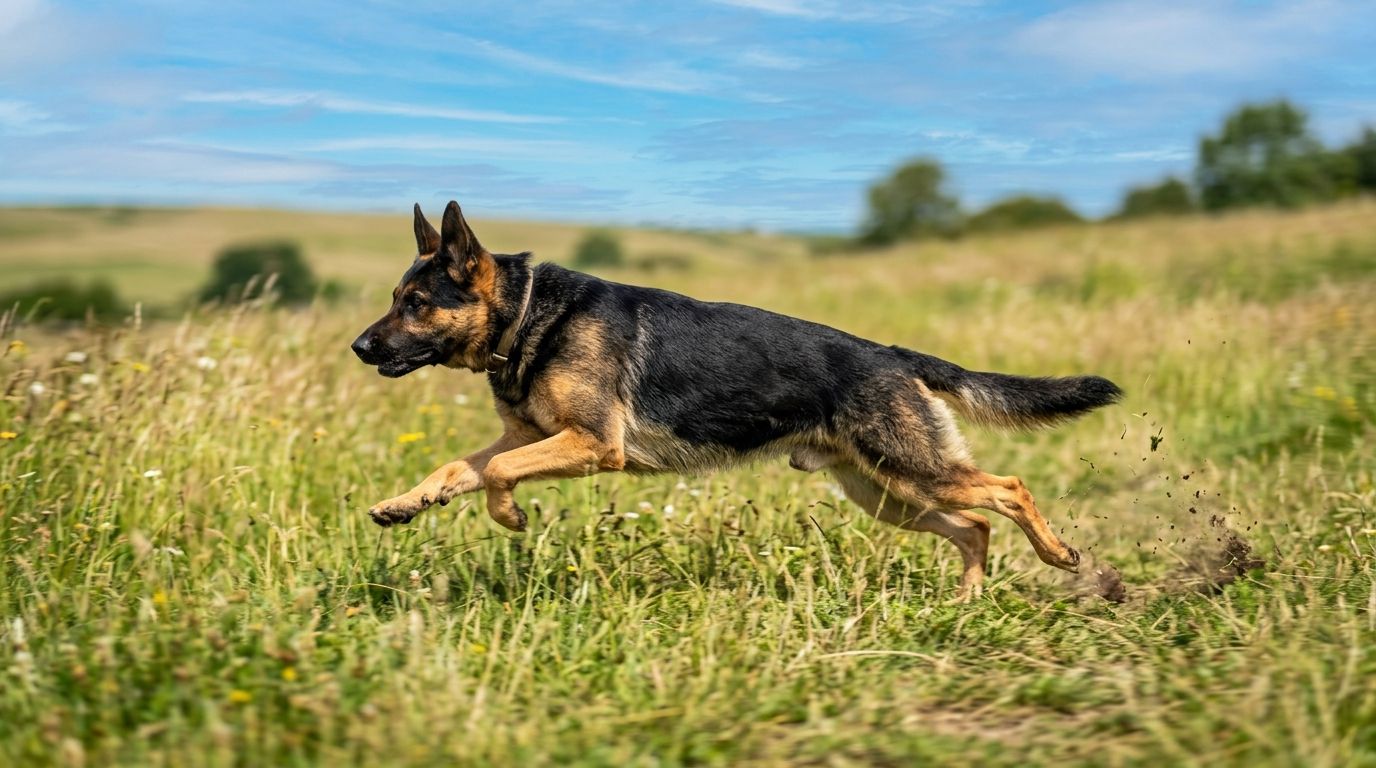 Active German Shepherd running outdoors demonstrating healthy joints and mobility