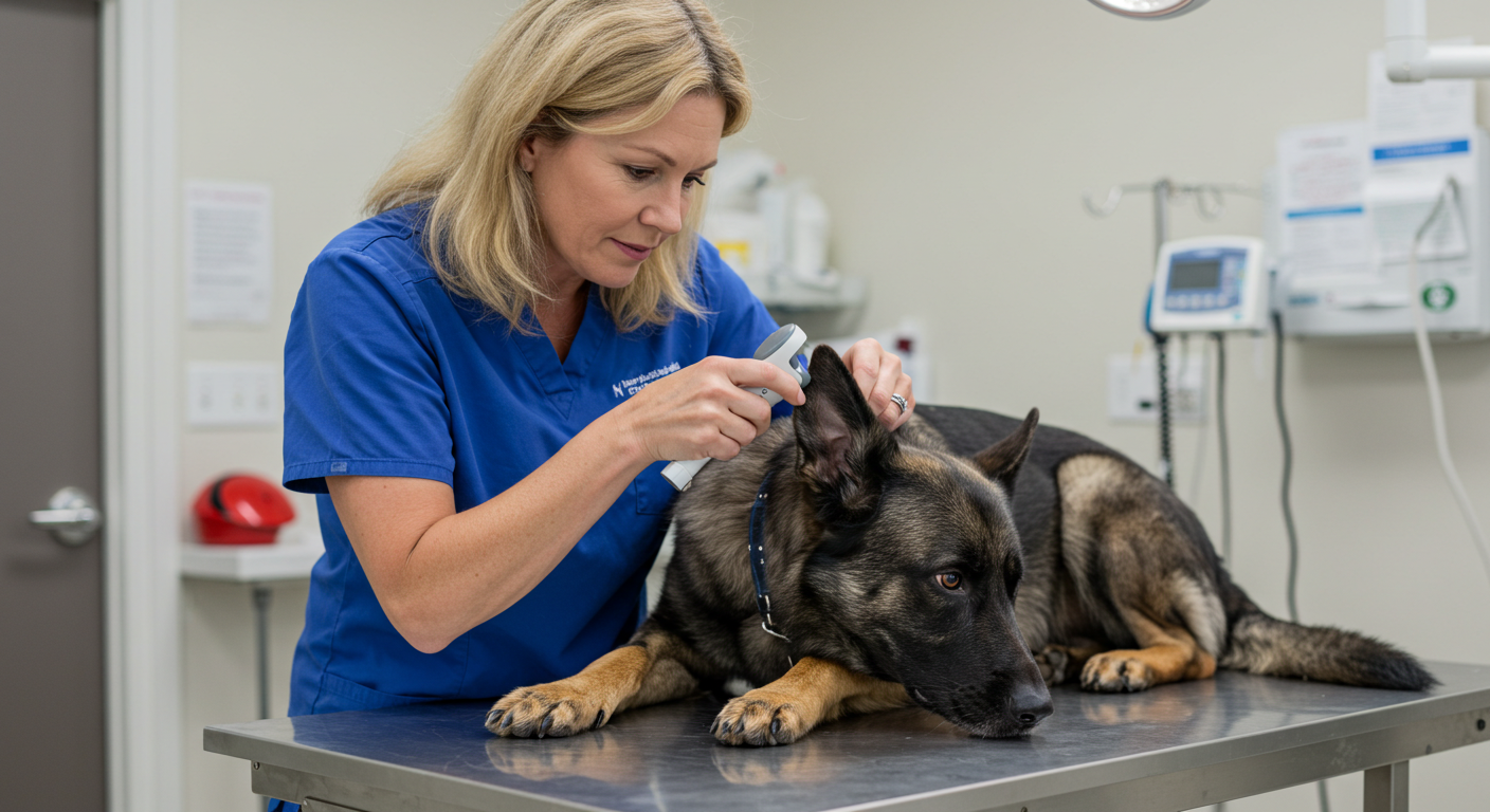 GSD health problems check: A German Shepherd gets a paw exam from a vet, with medical supplies and a canine anatomy chart in the background.