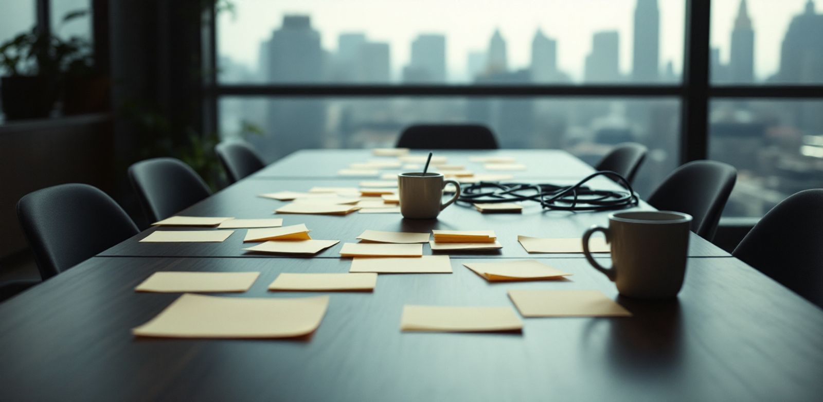 Empty conference table with blank sticky notes, cold coffee, cable coils, window glare, and hazy skyline.
