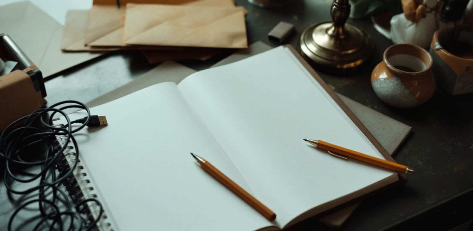 A metal desk with a blank ledger and sealed envelopes under hard light.