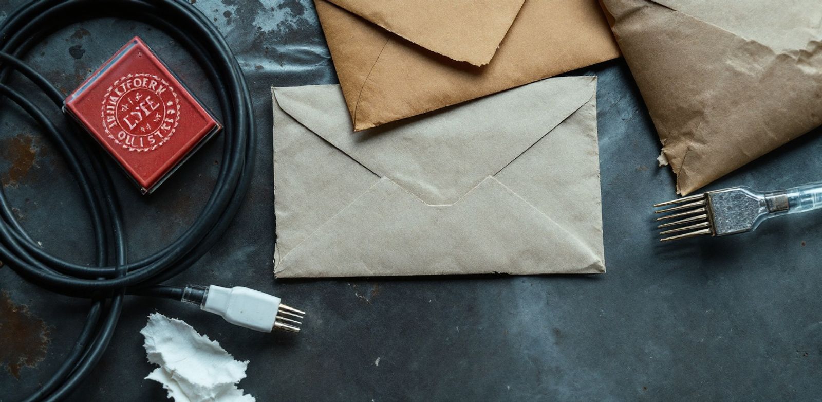 Server cables, sealed envelopes, a red stamp pad, and torn packing paper on metal