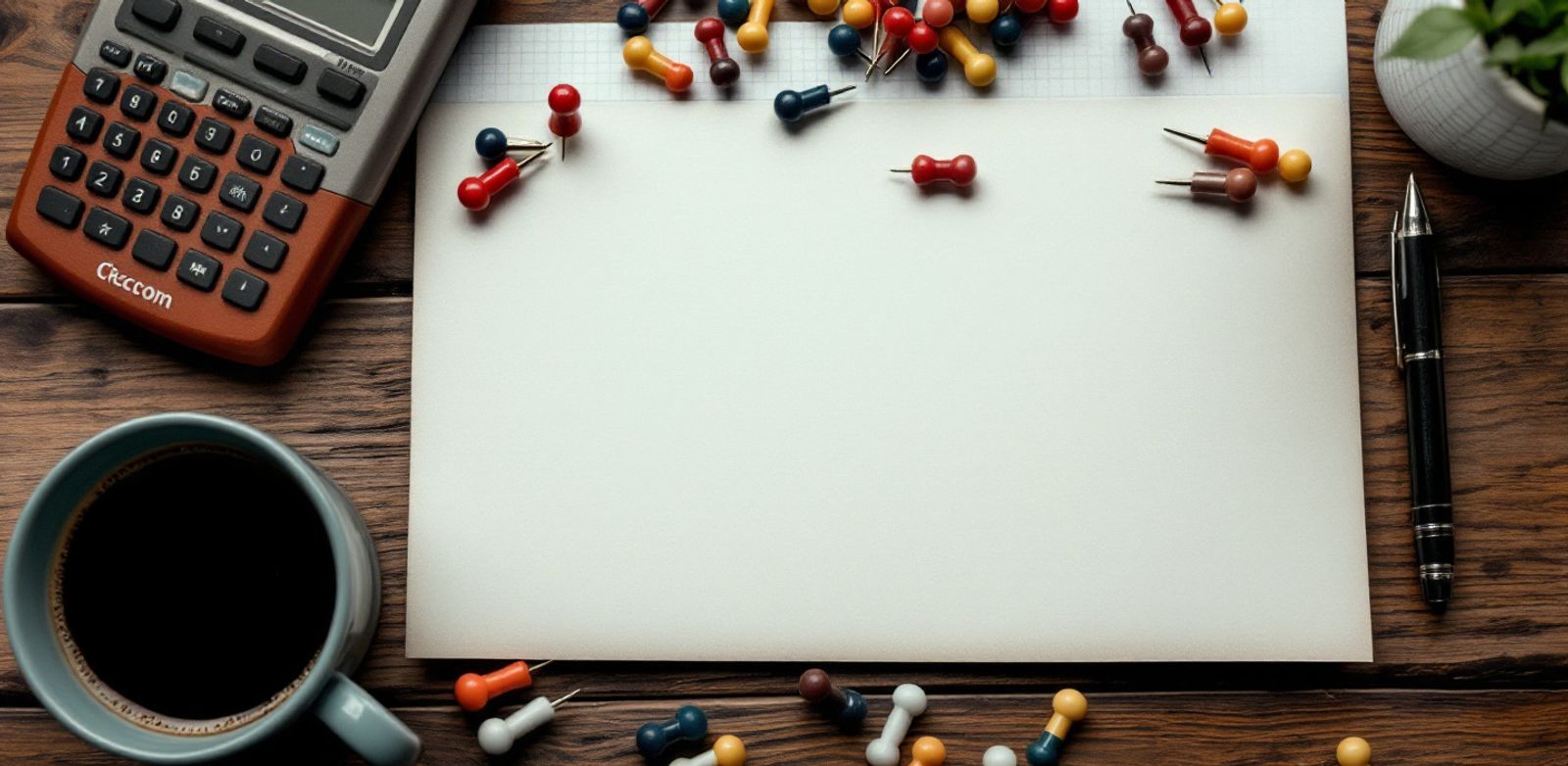 Blank index cards, colored pins, unmarked grid paper, a recorder, and black coffee on a table.