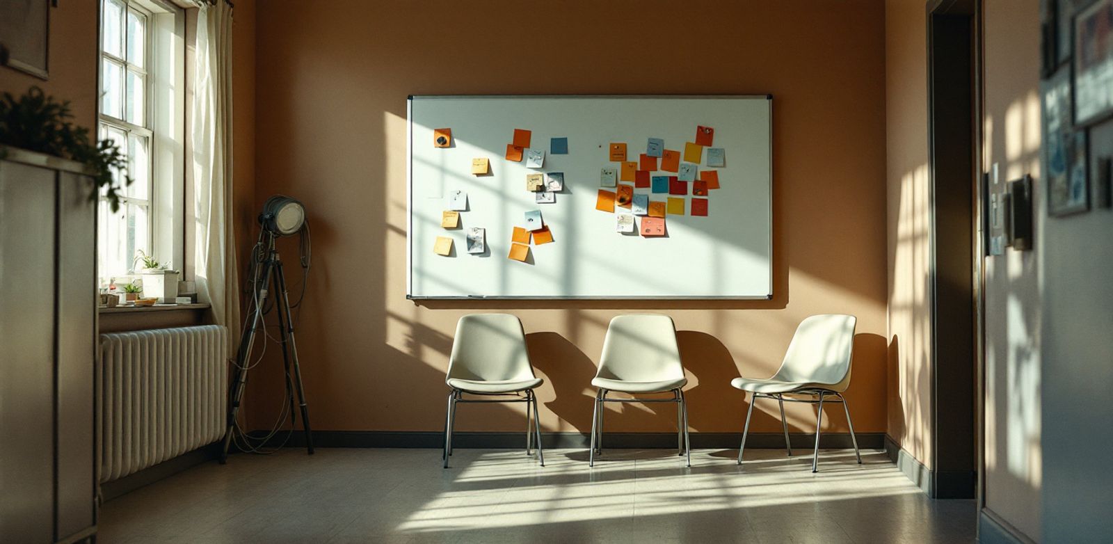 Empty hallway whiteboard with colored magnets, chairs, cable coils, and afternoon shadows.