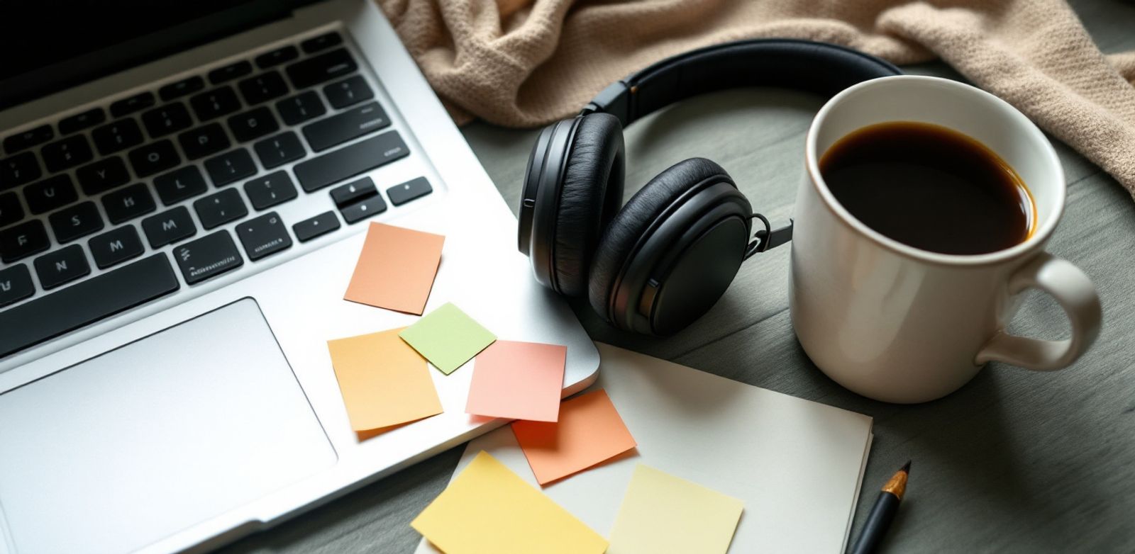 Headphones, closed laptop, sticky flags, and coffee cup on a desk