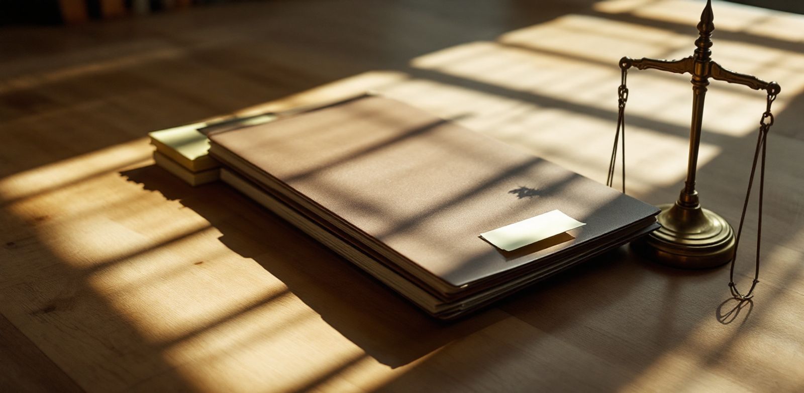 Unsigned folders, a brass scale, and sticky flags on a conference table.