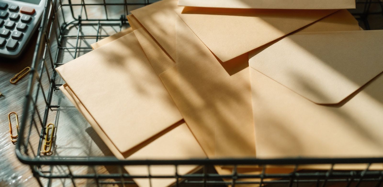 Unmarked envelopes, tray, calculator, and paper clips on a desk.